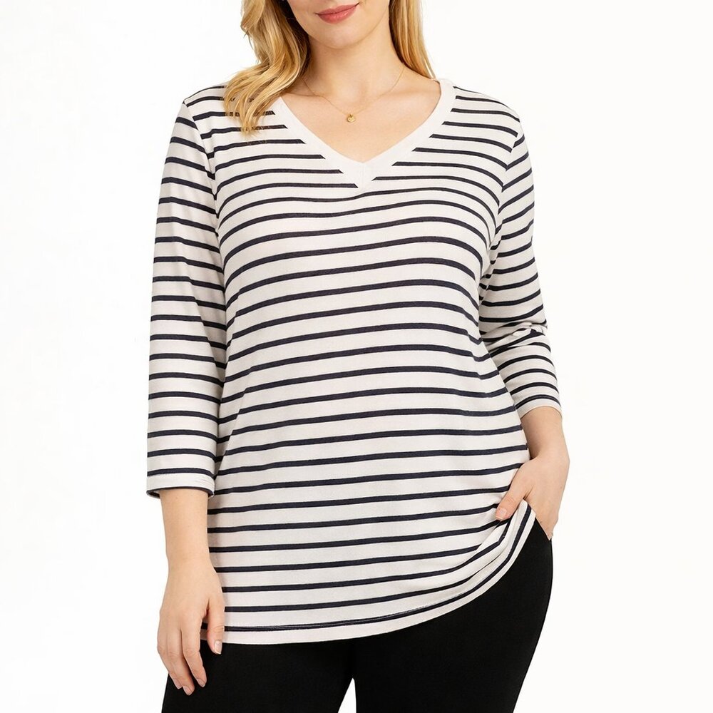 Karen Scott Sport Large Navy Stripe 3/4 Sleeve V-Neck Top Casual Cotton Blend